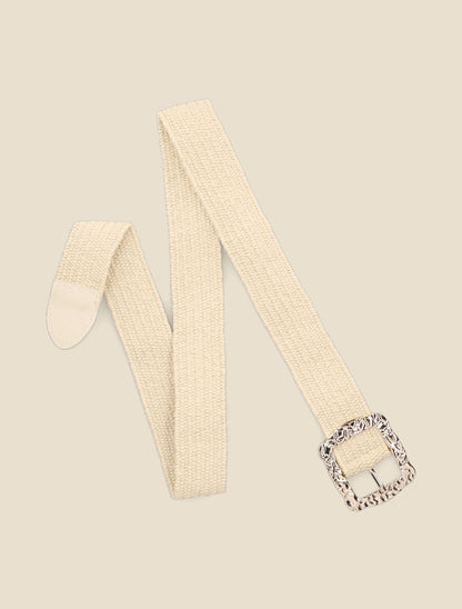 Ceinture style raphia à boucle carrée dorée - Beige - 1