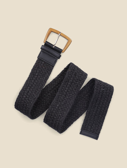 Ceinture en raphia à boucle en bois - Noir - 1