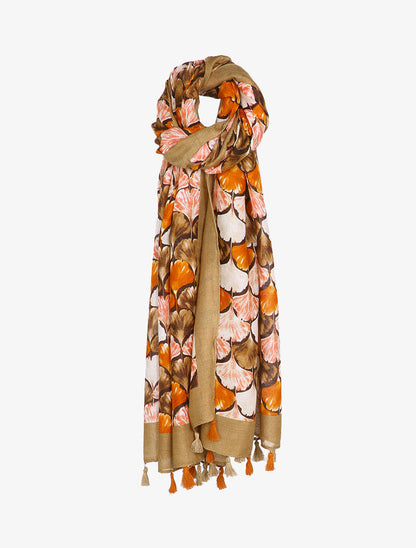 Foulard à imprimé feuilles en écailles et bords à pompons - Beige - 3