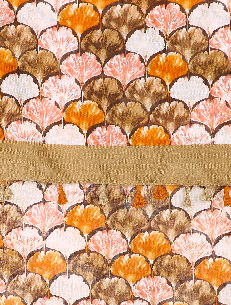 Foulard à imprimé feuilles en écailles et bords à pompons - Beige - 2