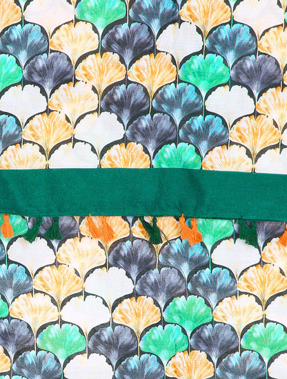 Foulard à imprimé feuilles en écailles et bords à pompons - Vert - 2