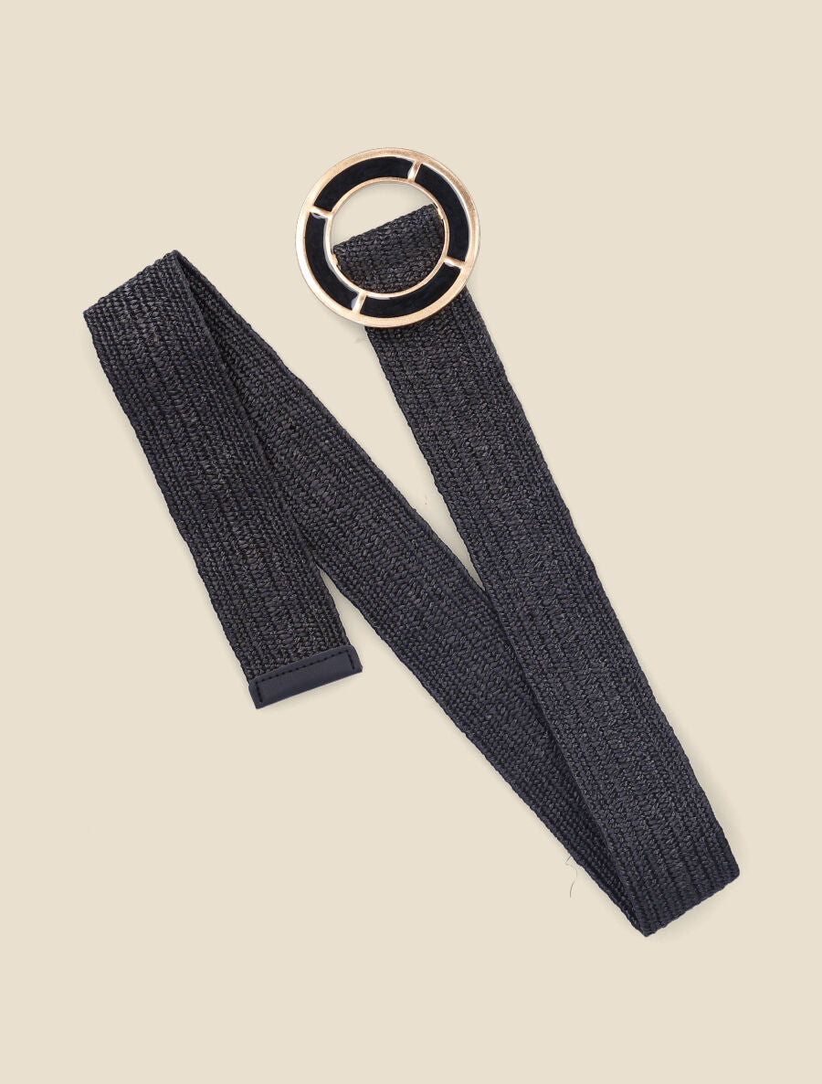 Ceinture en raphia à boucle ronde effet laqué - Noir - 1