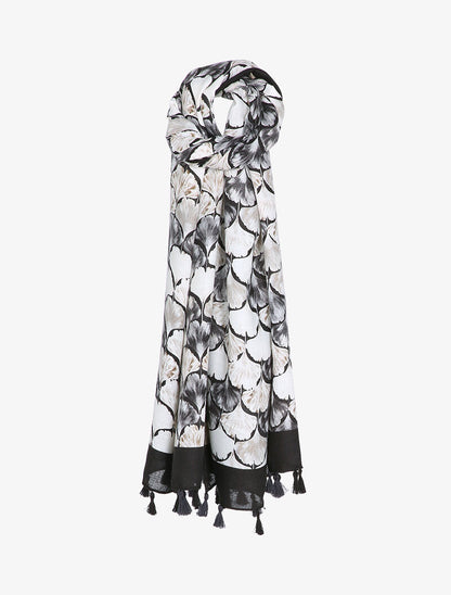 Foulard à imprimé feuilles en écailles et bords à pompons - Noir - 1