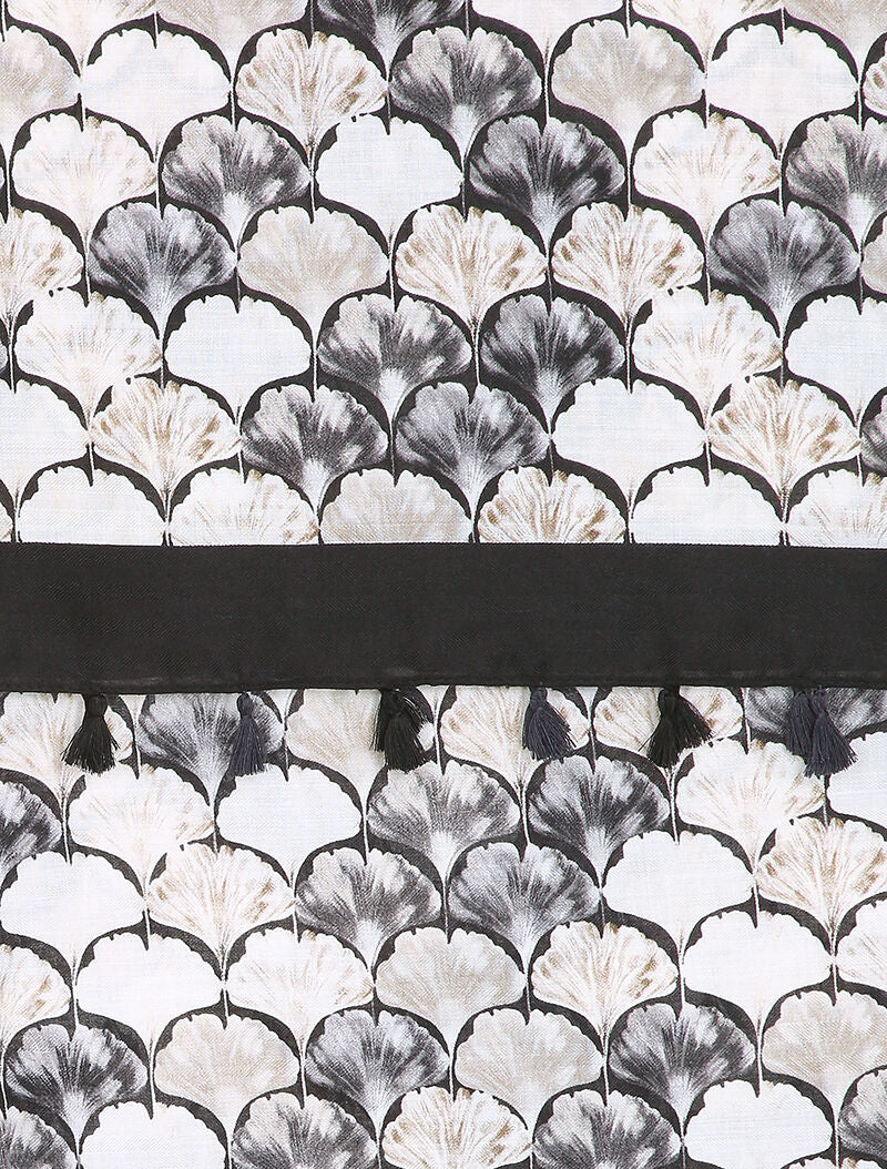 Foulard à imprimé feuilles en écailles et bords à pompons - Noir - 2