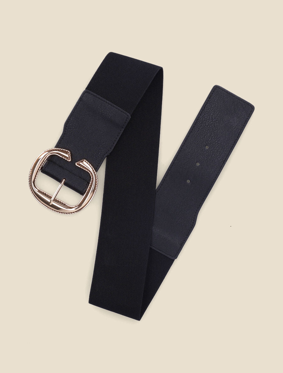 Ceinture élastiquée à boucle arrondie stylisée - Noir/or - 2