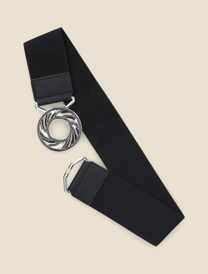 Ceinture élastiquée à boucle ronde graphique - Noir/argent - 1