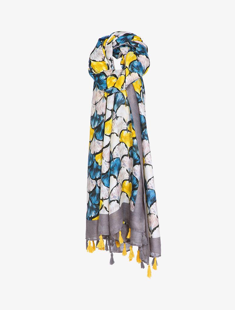 Foulard à imprimé feuilles en écailles et bords à pompons - Gris - 1