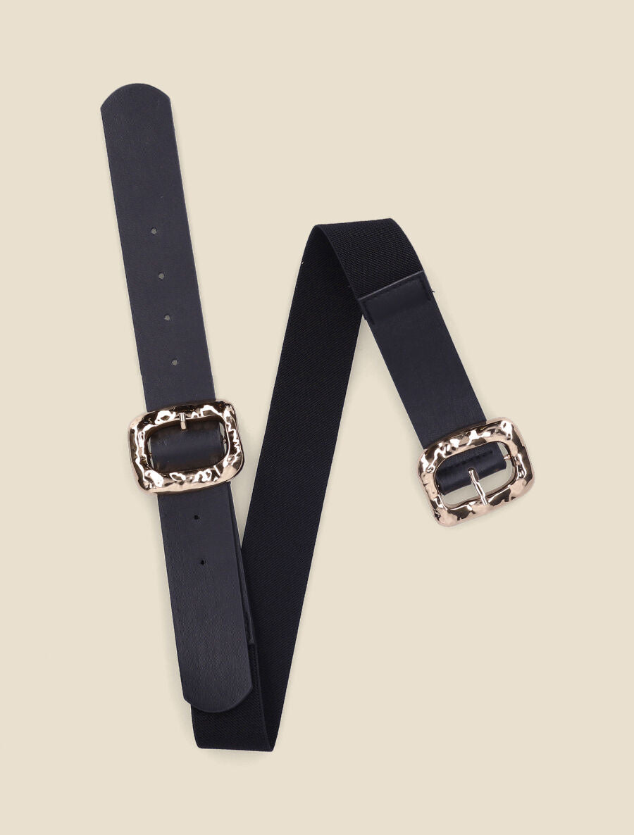 Ceinture élastiquée à double boucles martelées - Noir/or - 1