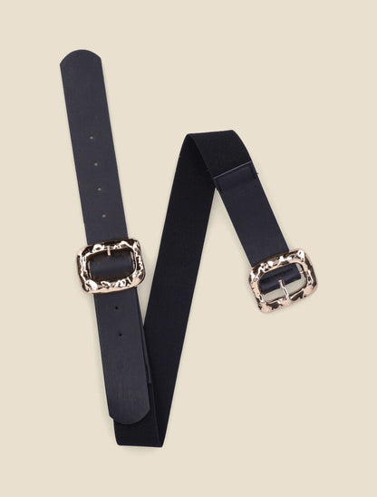 Ceinture élastiquée à double boucles martelées - Noir/or - 1
