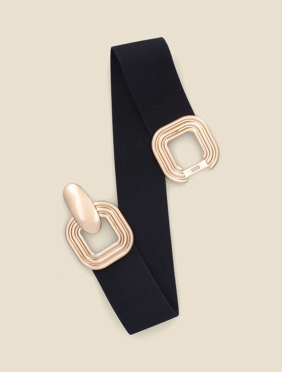 Ceinture élastiquée à boucle carrées en métal brossé - Noir - 1