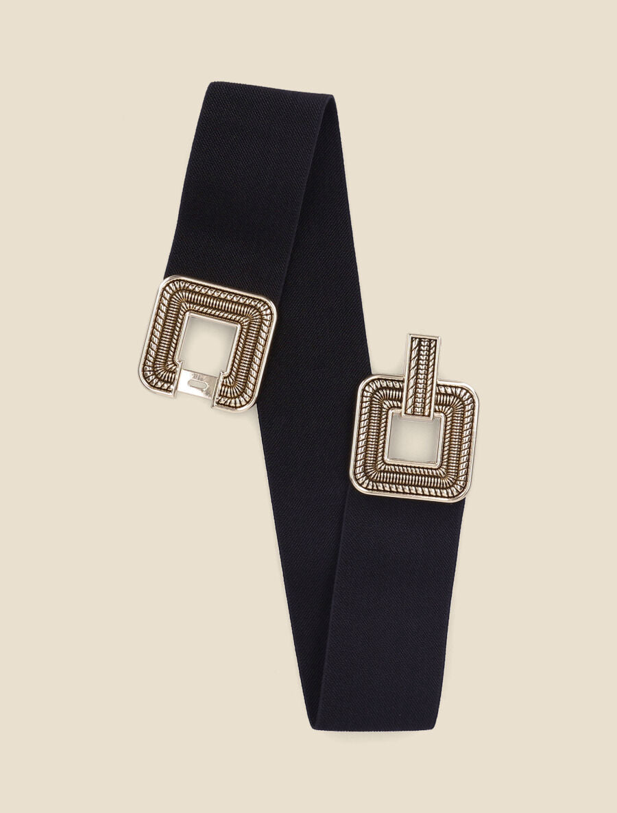 Ceinture élastiquée à boucles carrées à détails stylisés - Noir/or - 1