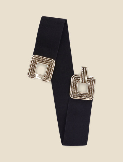 Ceinture élastiquée à boucles carrées à détails stylisés - Noir/or - 1