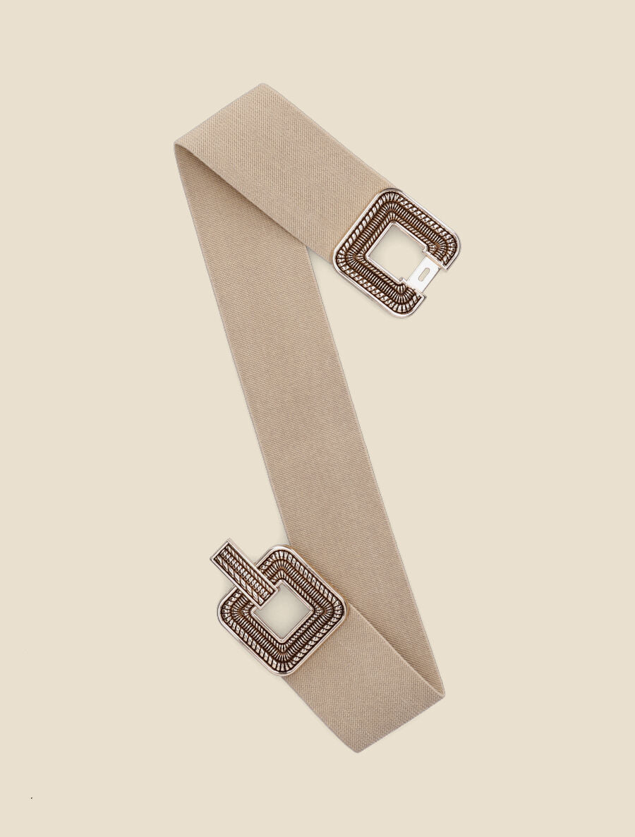 Ceinture élastiquée à boucles carrées à détails stylisés - Taupe - 1