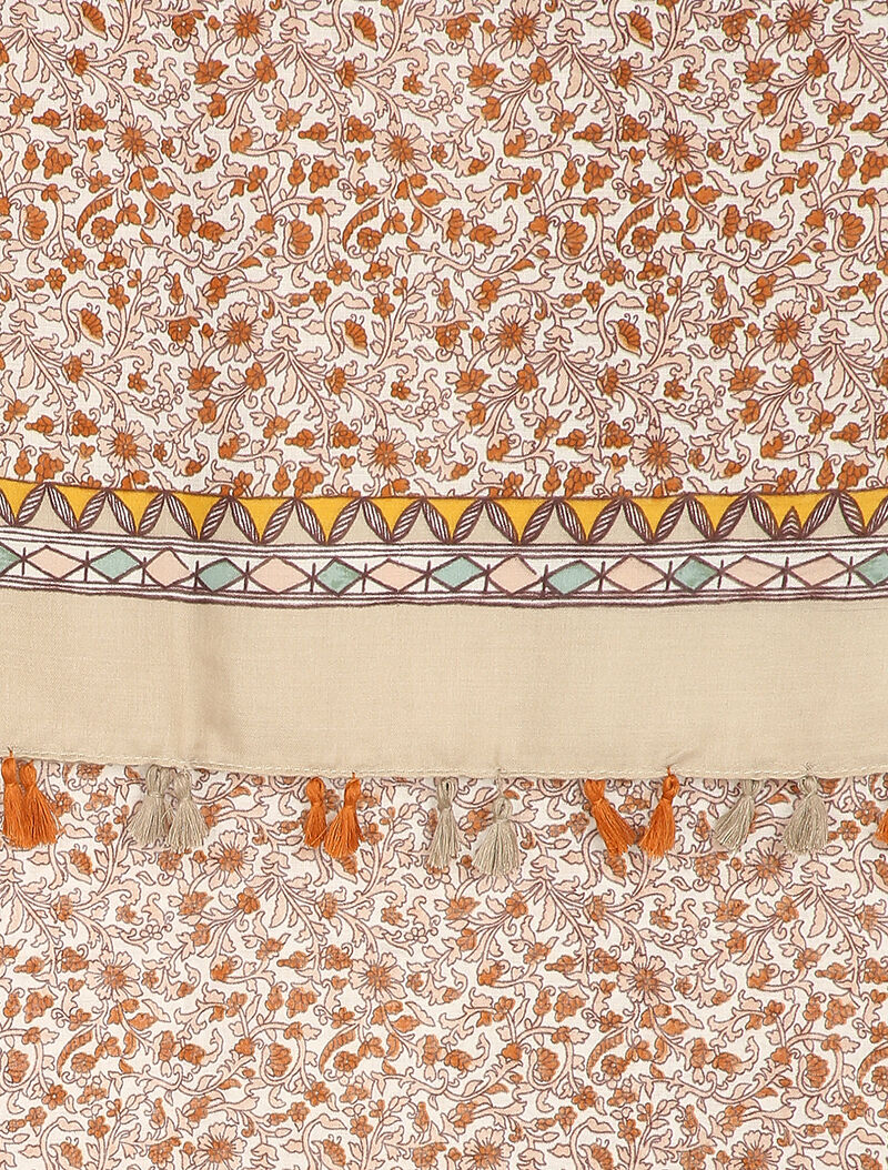 Foulard à imprimé arabesque fleurie et bords à pompons - Beige - 2