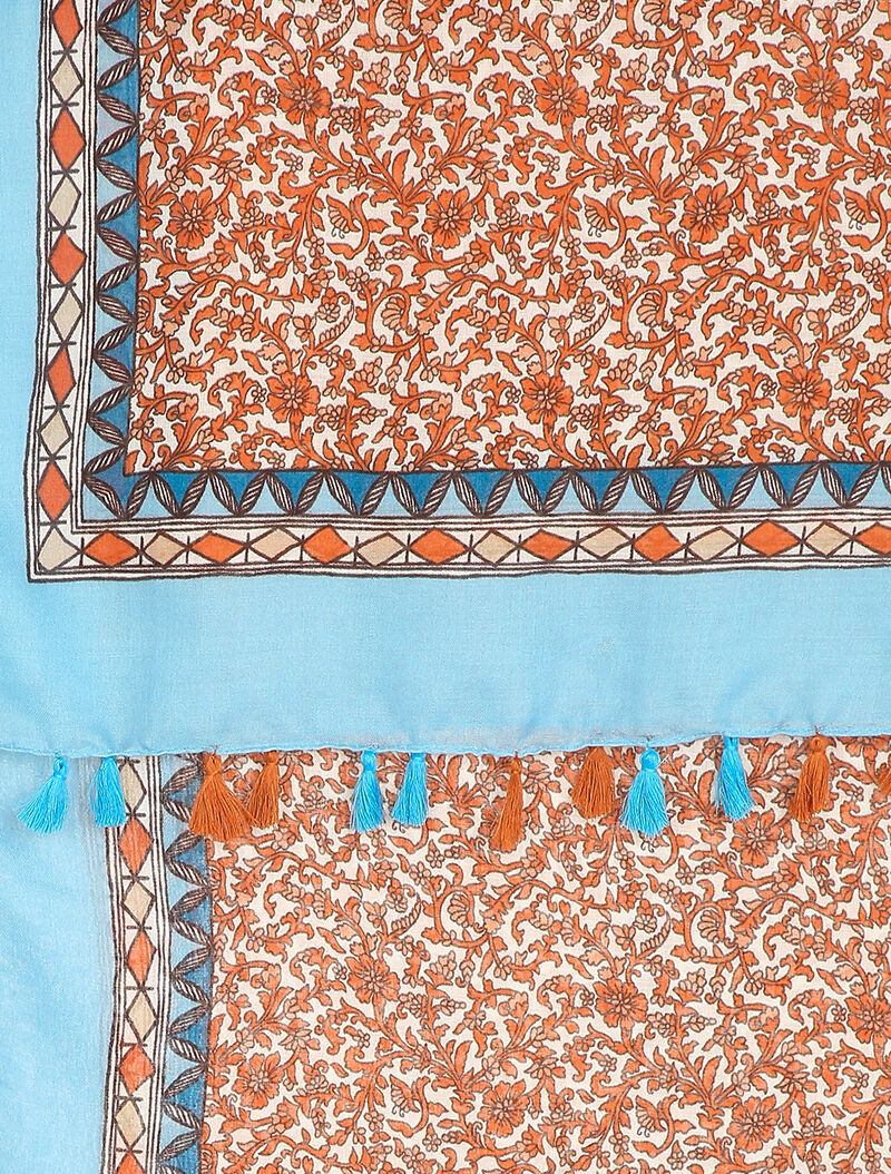 Foulard à imprimé arabesque fleurie et bords à pompons - Bleu ciel - 2