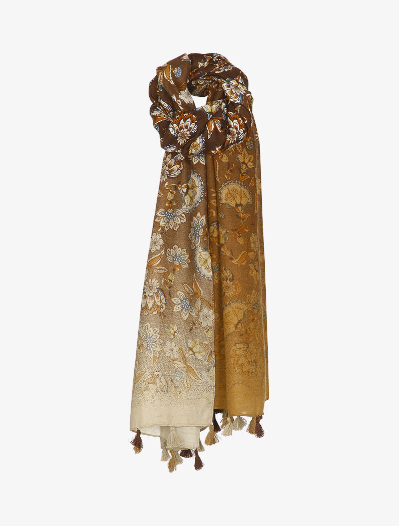 Foulard à imprimé fleuri style oriental et bords à pompons - Marron - 1