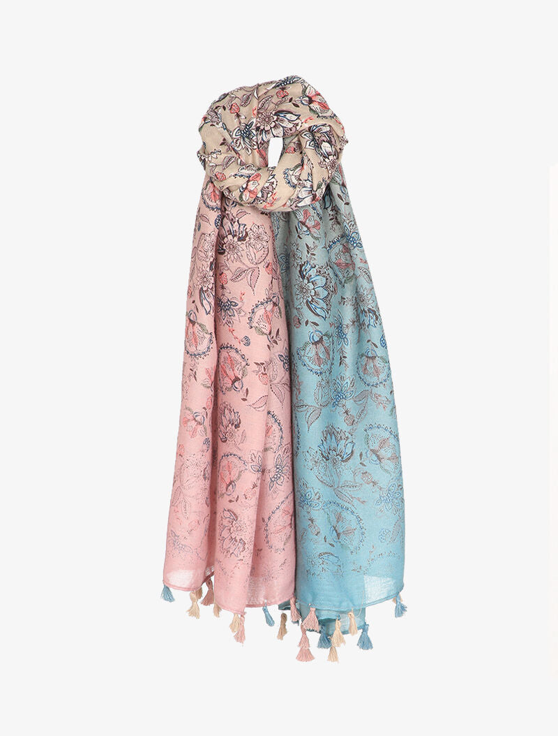 Foulard à imprimé fleuri style oriental et bords à pompons - Rose - 1