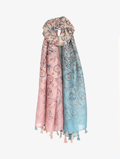 Foulard à imprimé fleuri style oriental et bords à pompons - Rose - 1