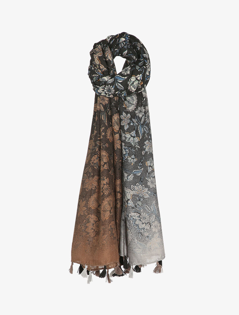 Foulard à imprimé fleuri style oriental et bords à pompons - Noir - 1