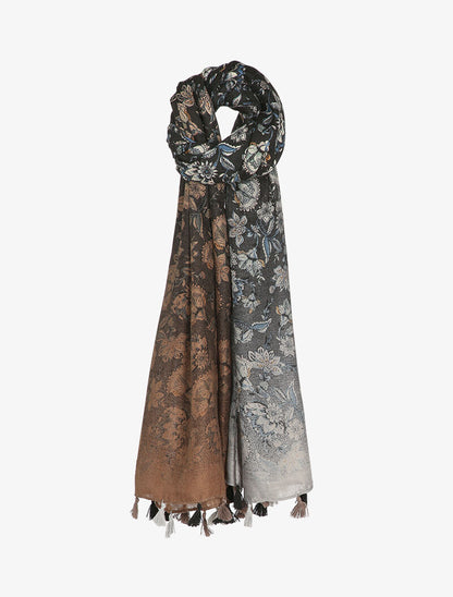 Foulard à imprimé fleuri style oriental et bords à pompons - Noir - 1
