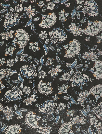 Foulard à imprimé fleuri style oriental et bords à pompons - Noir - 2
