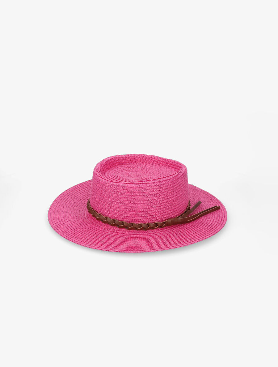 Canotier à galon en simili tressé - Fushia - 1