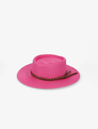 Canotier à galon en simili tressé - Fushia - 1