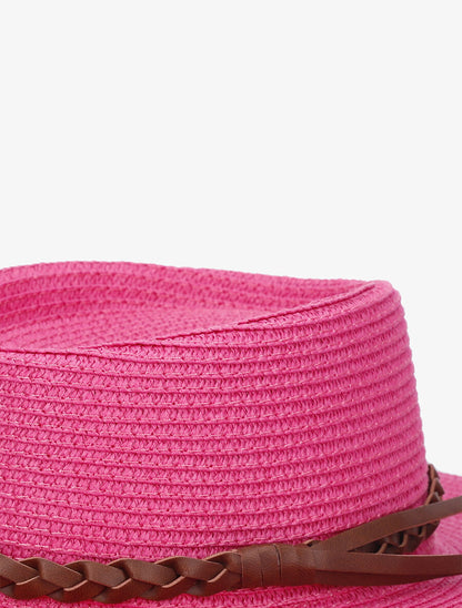 Canotier à galon en simili tressé - Fushia - 2