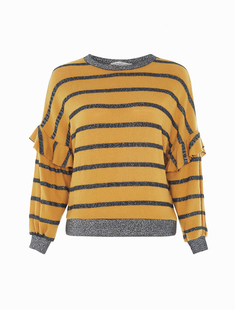 Pull effet sweat rayé à volants - Jaune - 1
