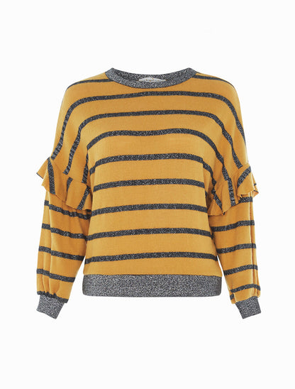 Pull effet sweat rayé à volants - Jaune - 1