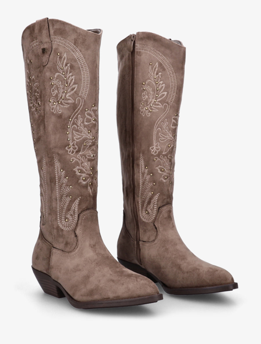 Bottes en suédine style santiags à clous - Taupe - 4