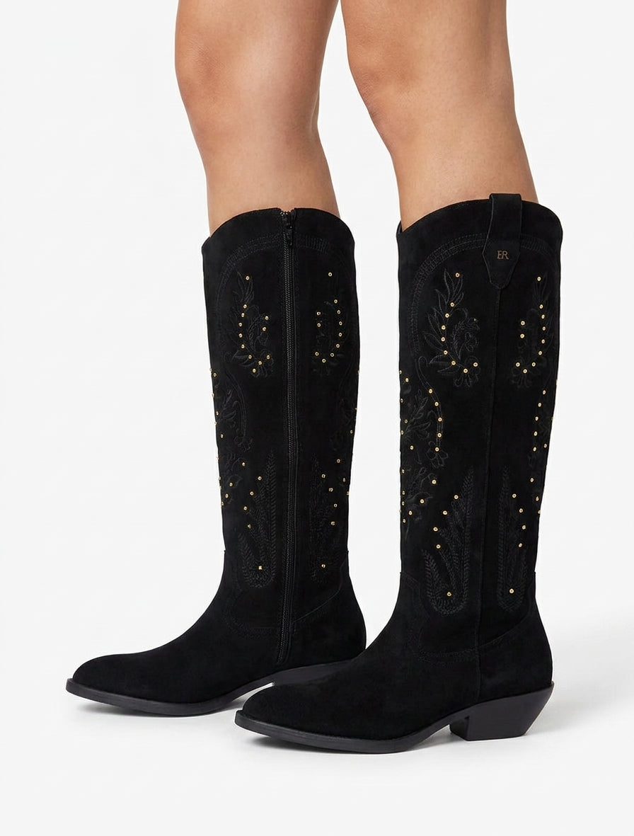 Stivali in camoscio stile texano con borchie - Nero