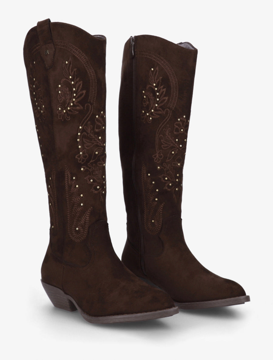 Bottes en suédine style santiags à clous - Chocolat - 4