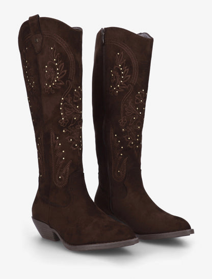 Bottes en suédine style santiags à clous - Chocolat - 4