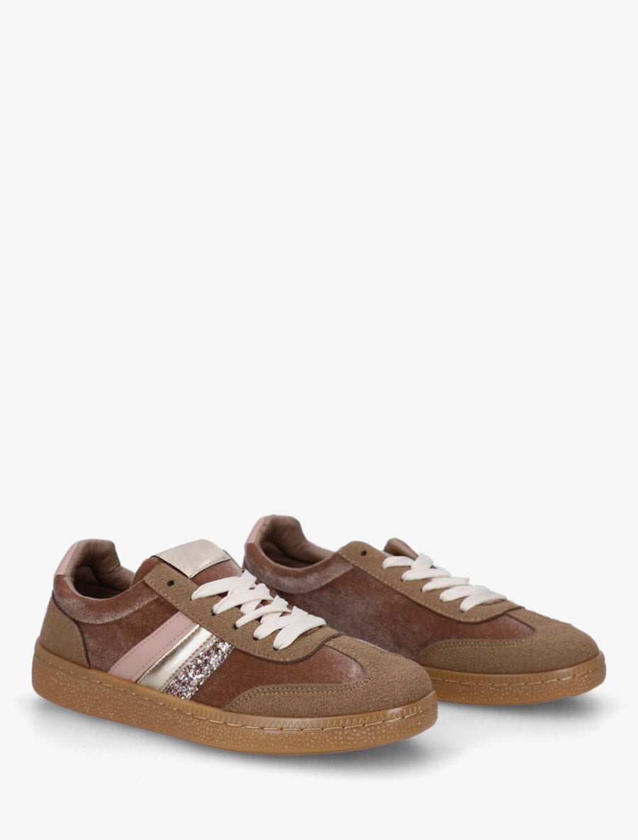 Sneakers à empiècement velours et semelle texturée - Marron - 4