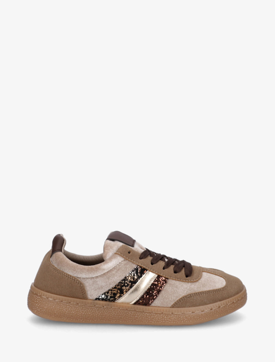 Sneakers à empiècement velours et semelle texturée - Taupe - 1