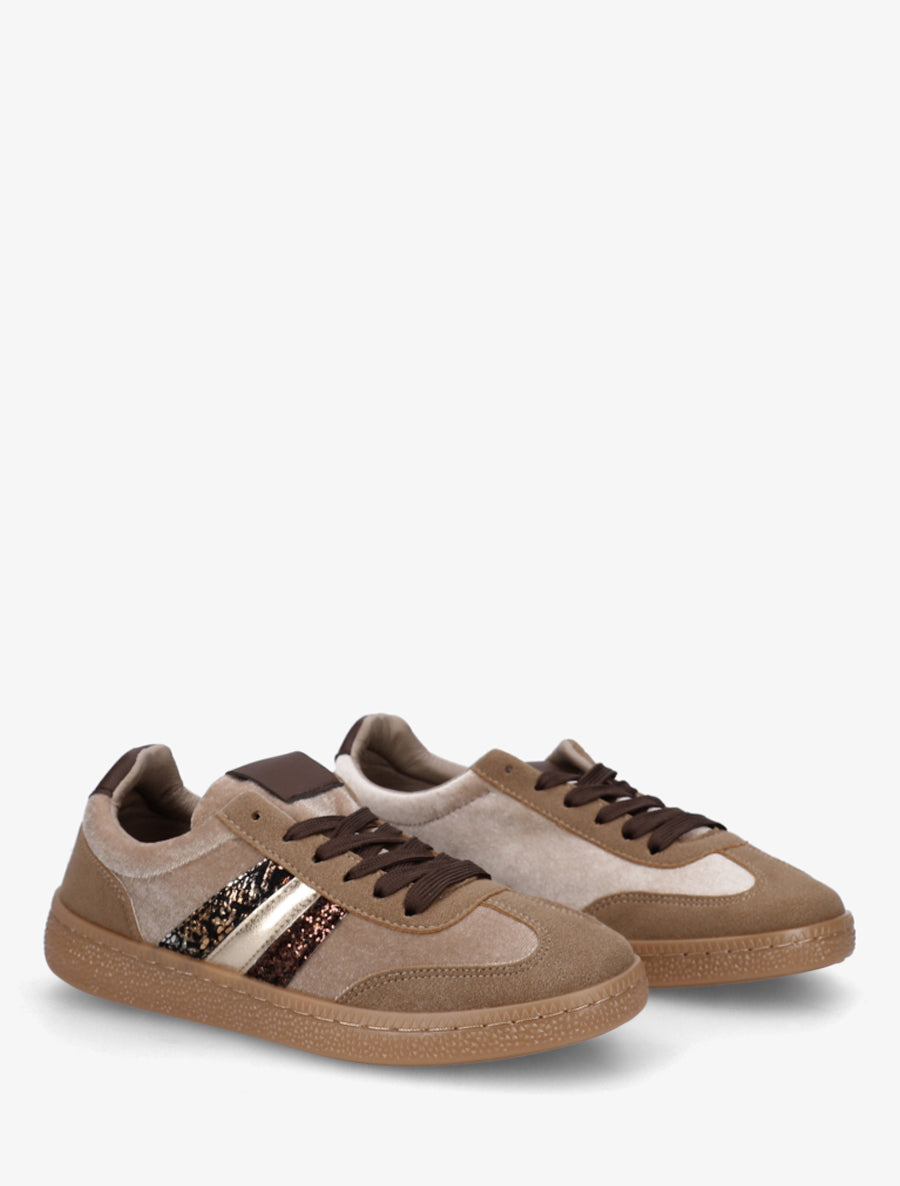 Sneakers à empiècement velours et semelle texturée - Taupe - 4