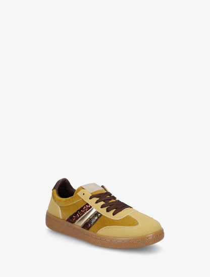 Sneakers à empiècement velours et semelle texturée - Jaune moutarde - 2