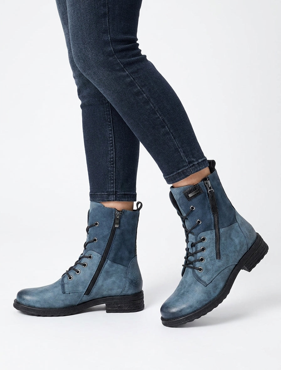 Stivaletti stringati con zip e inserto pitone - Blu