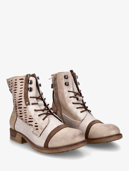 Bottines lacées à perforations irisées et python - Beige - 4