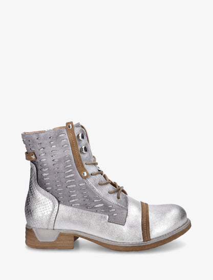 Bottines lacées à perforations irisées et python - Argent - 1