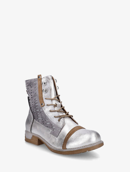 Bottines lacées à perforations irisées et python - Argent - 2