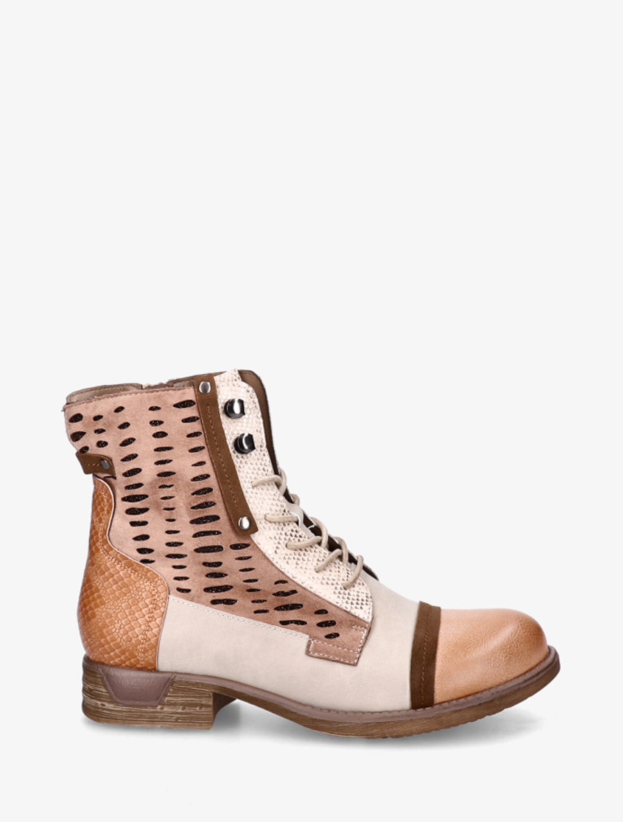 Bottines lacées à perforations irisées et python - Rose saumon - 1