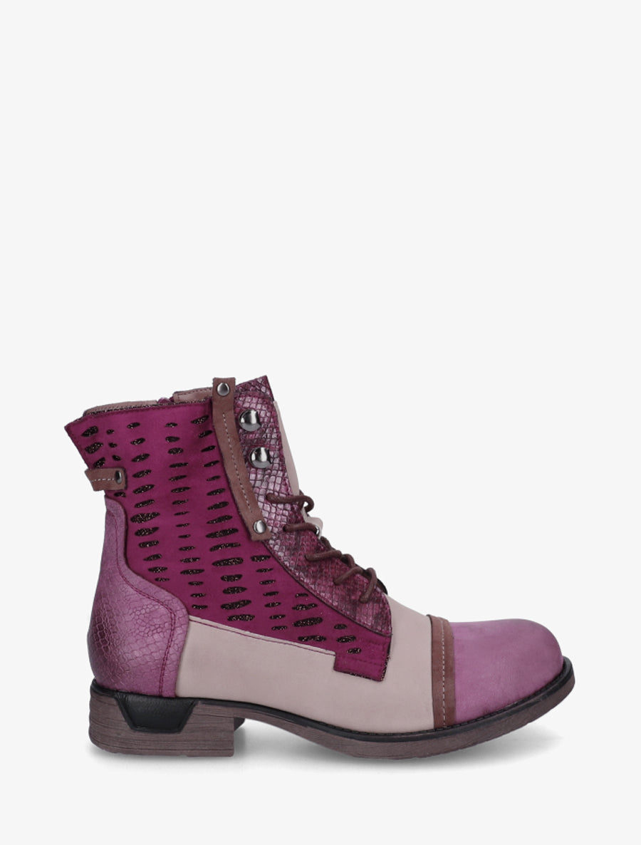 Bottines lacées irisées à perforations - Lie de vin - 1