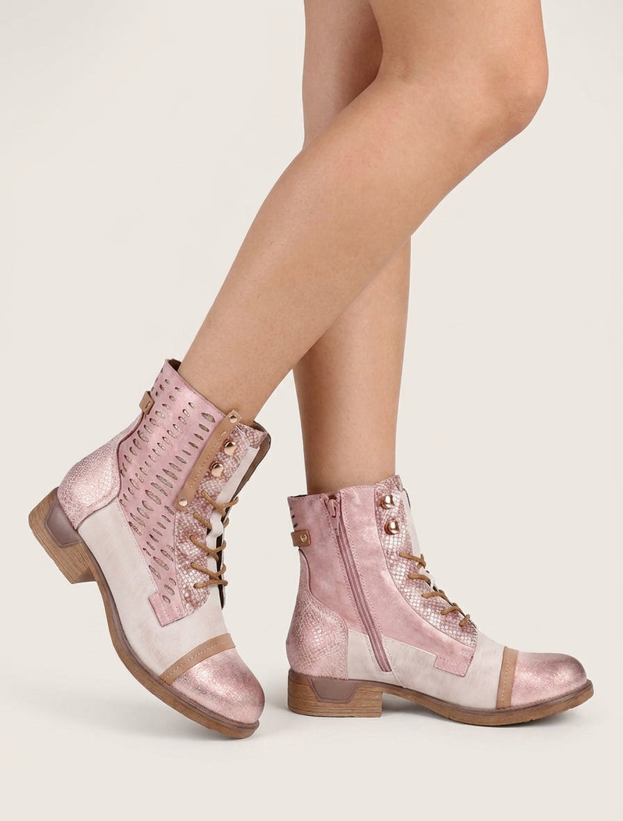 Stivaletti stringati iridescenti con perforazioni - Rosa