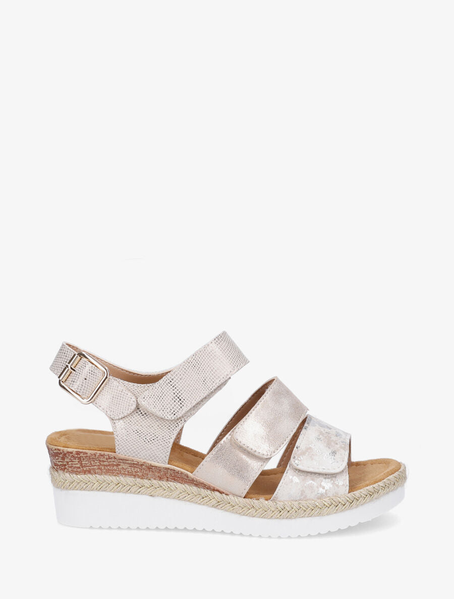 Sandales compensées en simili irisé à scratch - Beige - 1