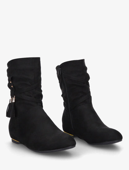 Bottines montantes en suédine à pompons - Noir - 4