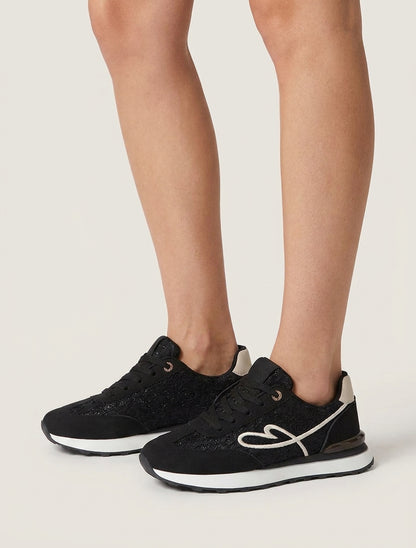 Sneakers effetto nabuk e pizzo glitterato - Nero