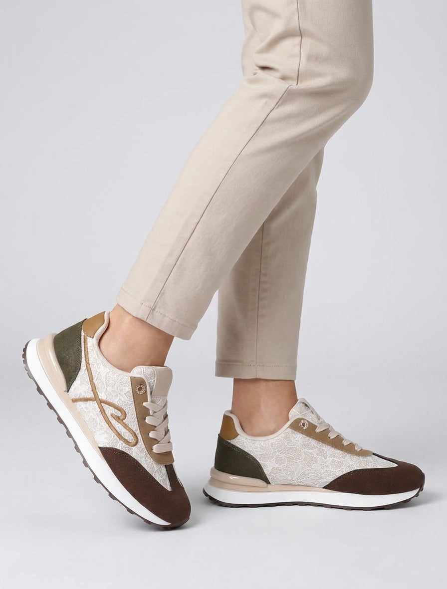 Sneakers effetto nabuk e pizzo glitterato - Beige/marrone