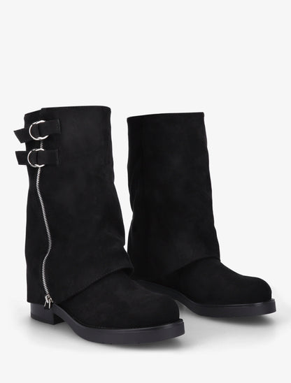 Bottines renversées en suédine à zip décoratif - Noir - 4